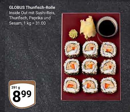 GLOBUS Thunfisch-Rolle Inside Out mit Sushi-Reis, Thunfisch, Paprika und Sesam