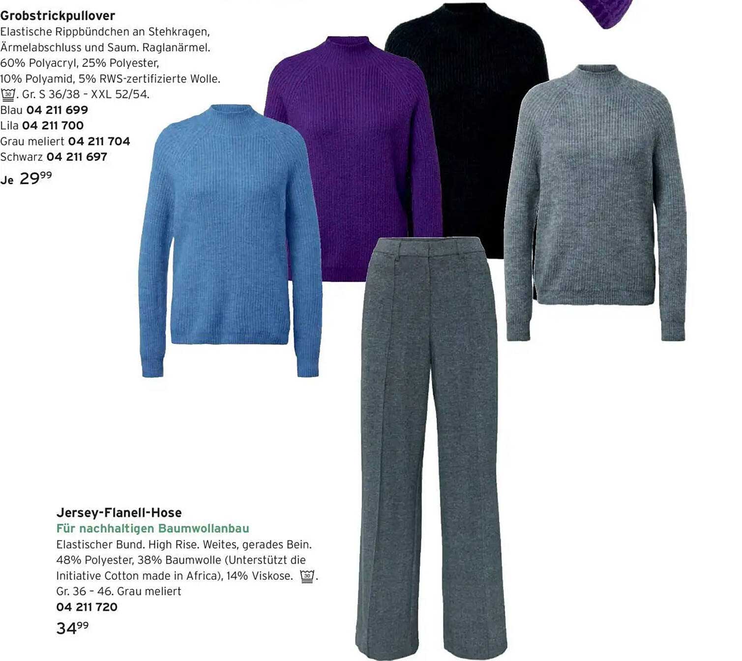 Grobstrickpullover und Jersey-Flanell-Hose