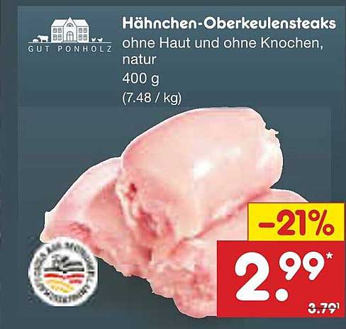 Hähnchen-Oberkeulensteaks ohne Haut und ohne Knochen, natur