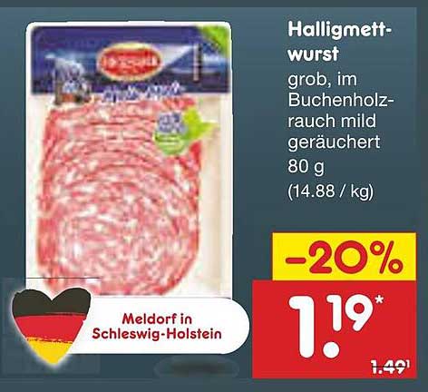 Halligmettwurst grob, im Buchenholzrauch mild geräuchert 80 g