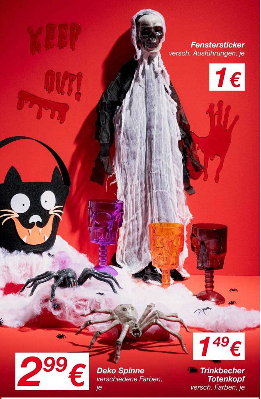 Halloween Deko-Set von KiK - Fenstersticker, Deko Spinne und Trinkbecher Totenkopf