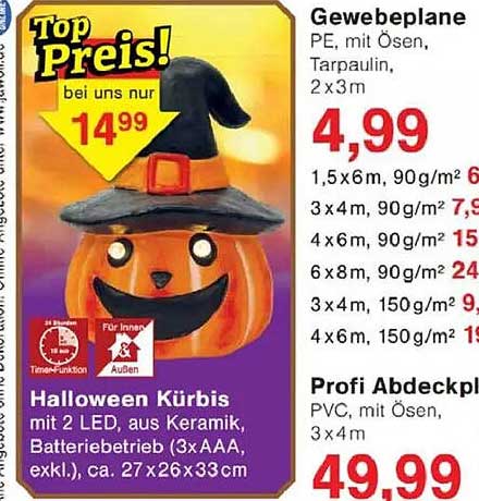 Halloween Kürbis mit 2 LED aus Keramik, Batteriebetrieb (3xAAA), ca. 27x26x33 cm