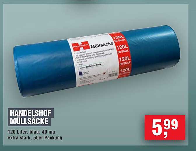 HANDELSHOF MÜLLSÄCKE 120 Liter, blau, 40 μm, extra stark, 50er Packung