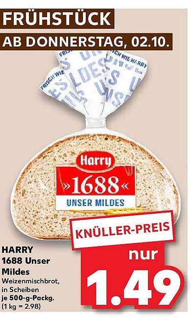 HARRY 1688 Unser Mildes Weizenmischbrot, in Scheiben je 500-g-Pack.