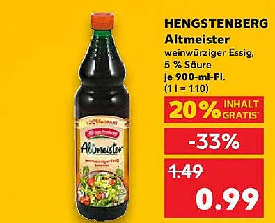 HENGSTENBERG Altmeister Weinwürziger Essig, 5 % Säure, 900 ml