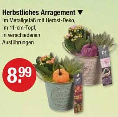 Herbstliches Arrangement im Metallgefäß mit Herbst-Deko