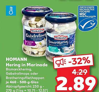 HOMANN Hering in Marinade - Bismarckhering, Gabberollmops oder Bratheringsfilethappen je 460 - 500-g-Glas