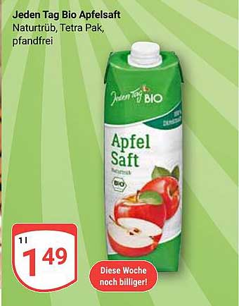 Jeden Tag Bio Apfelsaft - Naturtrüb, Tetra Pak, pfandfrei