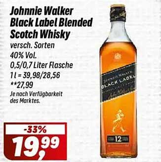 Johnnie Walker Black Label Blended Scotch Whisky 0,5/0,7 Liter Flasche - 33% Rabatt!