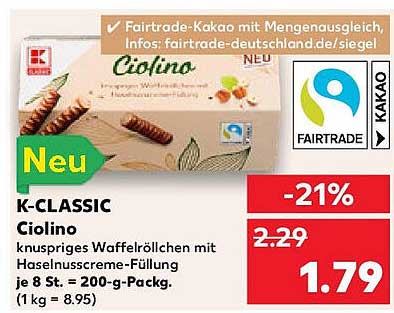 K-CLASSIC Ciolino Waffelröllchen mit Haselnusscreme-Füllung