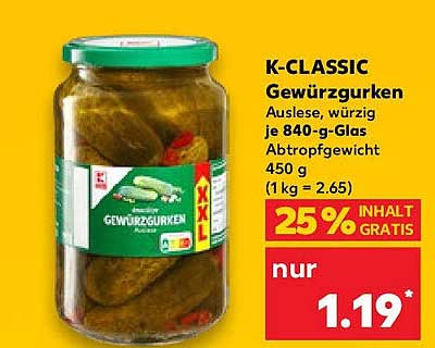 K-CLASSIC Gewürzgurken Auslese, würzig je 840-g-Glas