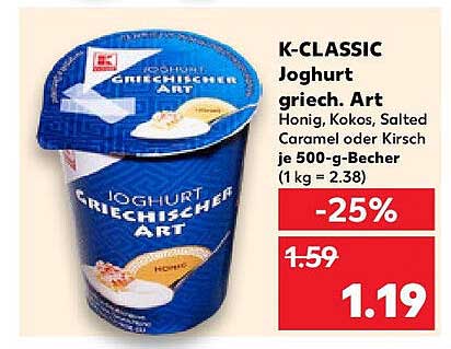 K-CLASSIC Joghurt griech. Art Honig, Kokos, Salted Caramel oder Kirsche je 500-g-Becher