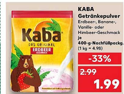 KABA Getränkepulver Erdbeer, Banane, Vanille- oder Himbeergeschmack 400-g-Nachfüllpack