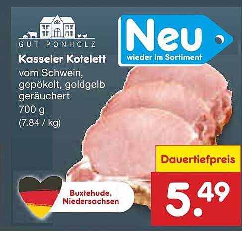 Kasseler Kotelett vom Schwein, gepökelt, goldgelb geräuchert 700 g