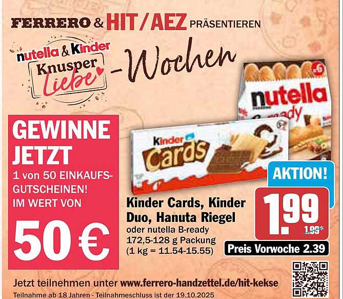 Kinder Cards, Kinder Duo, Hanuta Riegel oder nutella B-ready
