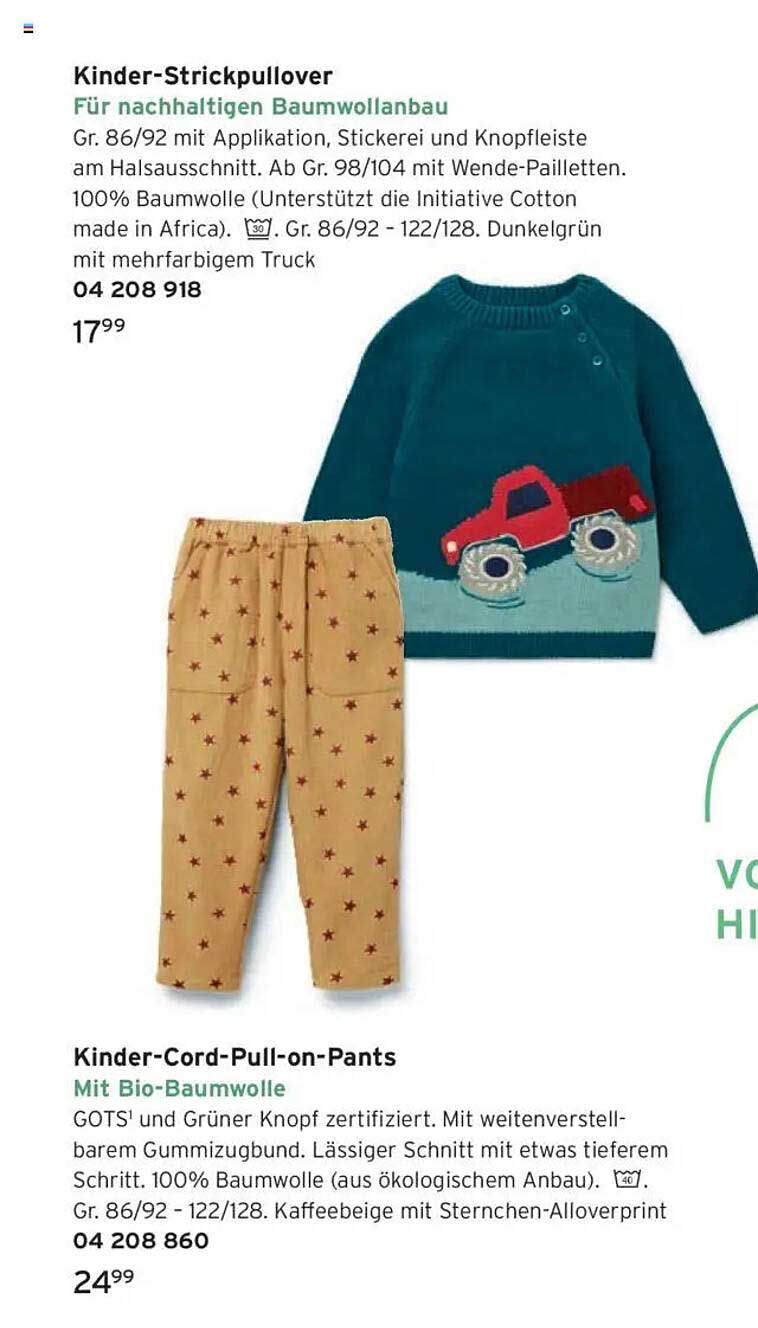 Kinder-Strickpullover für nachhaltigen Baumwollanbau & Kinder-Cord-Pull-on-Pants mit Bio-Baumwolle