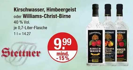 Kirschwasser, Himbeergeist oder Williams-Christ-Birne 0,7-Liter-Flasche