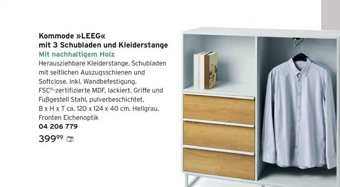 Kommode »LEEG« mit 3 Schubladen und Kleiderstange