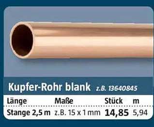 Kupfer-Rohr blank z.B. 15 x 1 mm