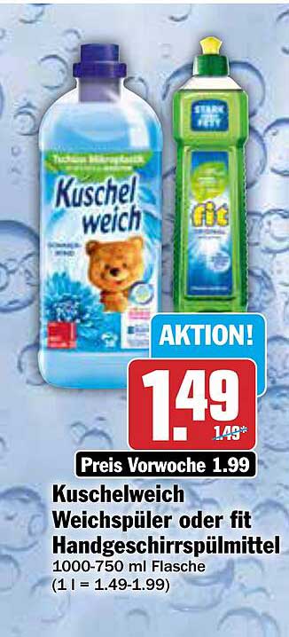 Kuschelweich Weichspüler oder fit Handgeschirrspülmittel 1000-750 ml Flasche