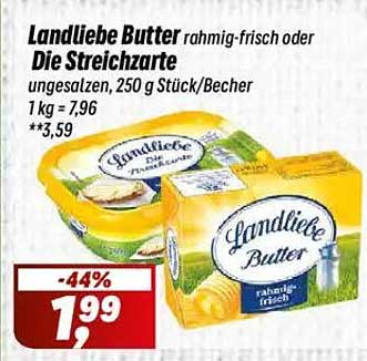 Landliebe Butter rahmig-frisch oder Die Streichzarte, ungesalzen, 250 g Stück/Becher