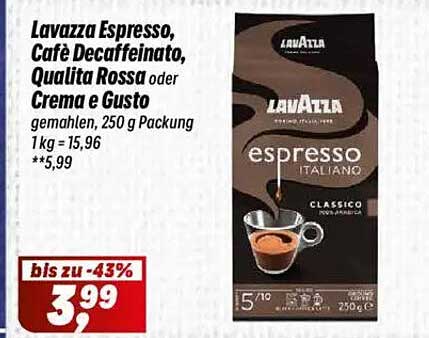 Lavazza Espresso, Café Decaffeinato, Qualita Rossa oder Crema e Gusto, 250 g Packung