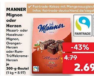 MANNER Mignon oder Herzen - Mozart- oder Haselnuss-Mignon, Orangen-Herzen oder Rum-Trüffelcreme-Herzen