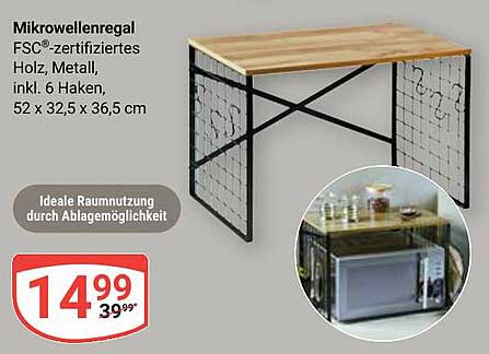 Mikrowellenregal FSC®-zertifiziertes Holz, Metall, inkl. 6 Haken, 52 x 32,5 x 36,5 cm