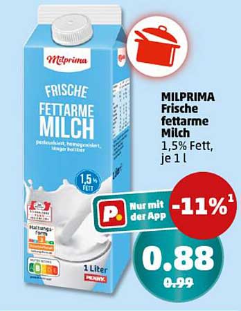 MILPRIMA Frische fettarme Milch 1,5% Fett, je 1 l
