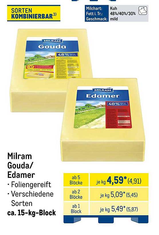Milram Gouda/Edamer Käse – 15-kg-Block