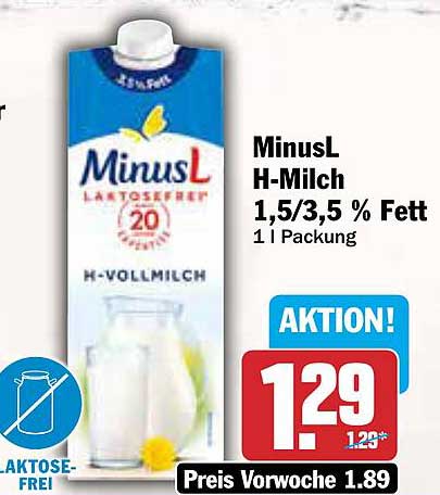 MinusL H-Milch 1,5/3,5 % Fett 1 l Packung