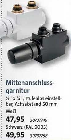 Mittenanschlussgarnitur ½" x ¾", stufenlos einstellbar, Achsabstand 50 mm