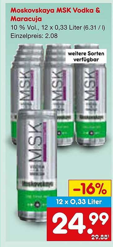 Moskovskaya MSK Vodka & Maracuja, 12 x 0,33 Liter