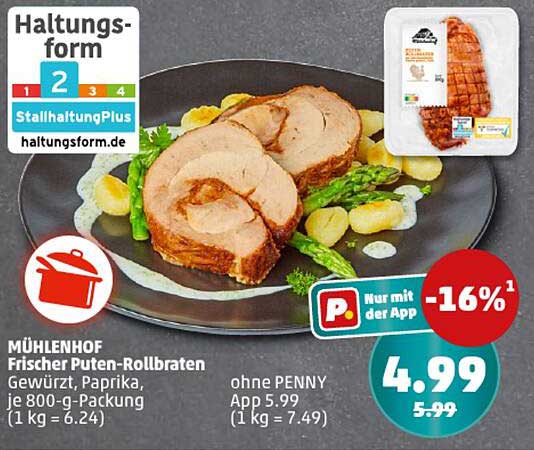 MÜHLENHOF Frischer Puten-Rollbraten, gewürzt, Paprika, je 800-g-Packung