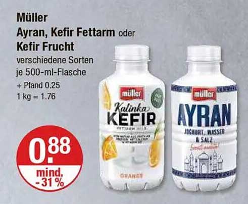 Müller Ayran, Kefir Fettarm oder Kefir Frucht 500-ml-Flasche