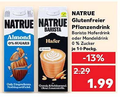NATRUE Glutenfreier Pflanzendrink Barista Haferdrink oder Mandeldrink 0 % Zucker je 1-l-Pack.