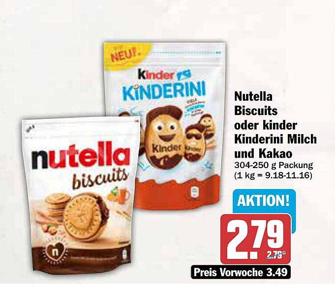 Nutella Biscuits oder Kinder Kinderini Milch und Kakao 304-250 g Packung