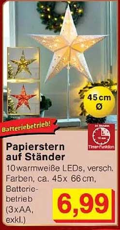 Papierstern auf Standfuß mit 10 warmweißen LEDs