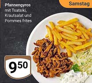 Pfannengyros mit Tsatsiki, Krautsalat und Pommes frites