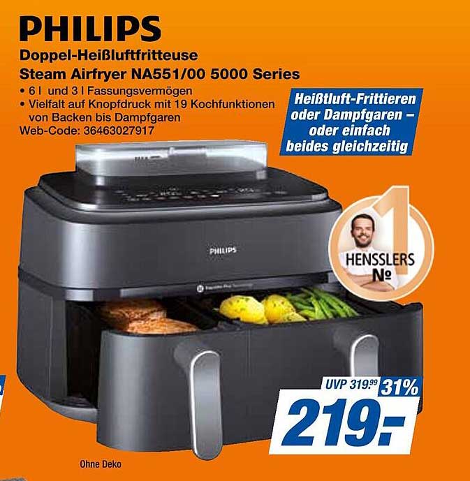 PHILIPS Doppel-Heißluftfritteuse Steam Airfryer NA551/00 5000 Series
