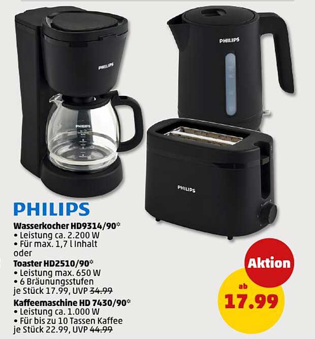 PHILIPS Wasserkocher HD9314/90, Toaster HD2510/90 und Kaffeemaschine HD 7430/90