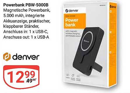 Powerbank PBW-5000B von Denver - Magnetische Powerbank, 5.000 mAh