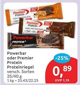 Powerbar oder Premier Protein Proteinriegel versch. Sorten 35/40 g