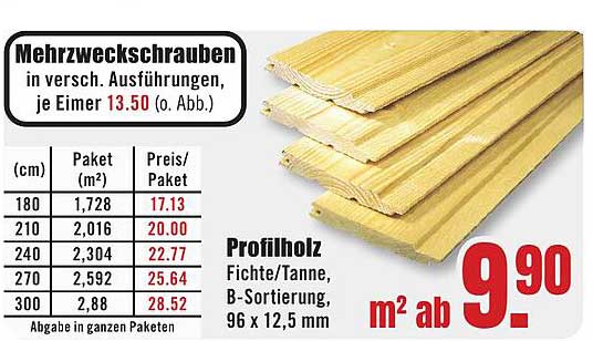 Profilholz Fichte/Tanne B-Sortierung, 96 x 12,5 mm - m² ab 9,90