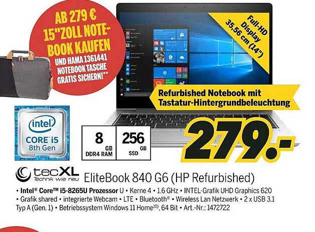 Refurbished Notebook HP EliteBook 840 G6 mit Tastatur-Hintergrundbeleuchtung