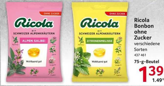 Ricola Bonbon ohne Zucker – 75-g-Beutel, verschiedene Sorten