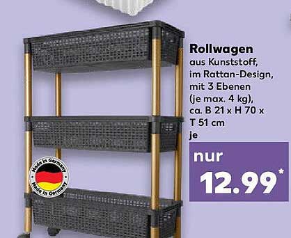 Rollwagen aus Kunststoff, im Rattan-Design, mit 3 Ebenen