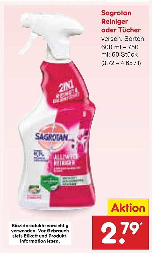 Sagrotan Reiniger oder Tücher, 600 ml – 750 ml, 60 Stück