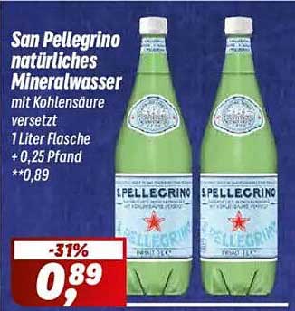 San Pellegrino natürliches Mineralwasser mit Kohlensäure - 1 Liter Flasche