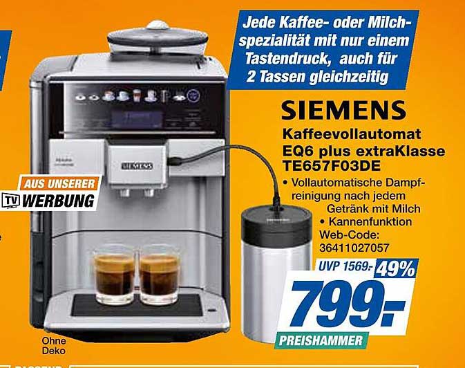 SIEMENS Kaffeevollautomat EQ6 plus extraKlasse TE657F03DE